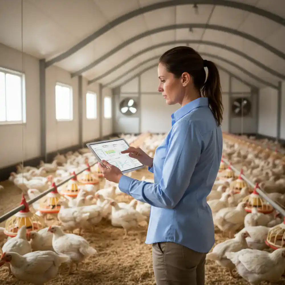Advisory consultant reviewing flock data on a tablet inside a modern commercial poultry house
