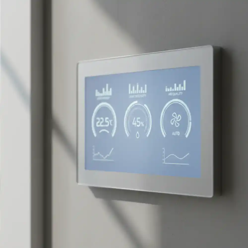 Climate control interface displaying temperature, humidity, and ventilation metrics
