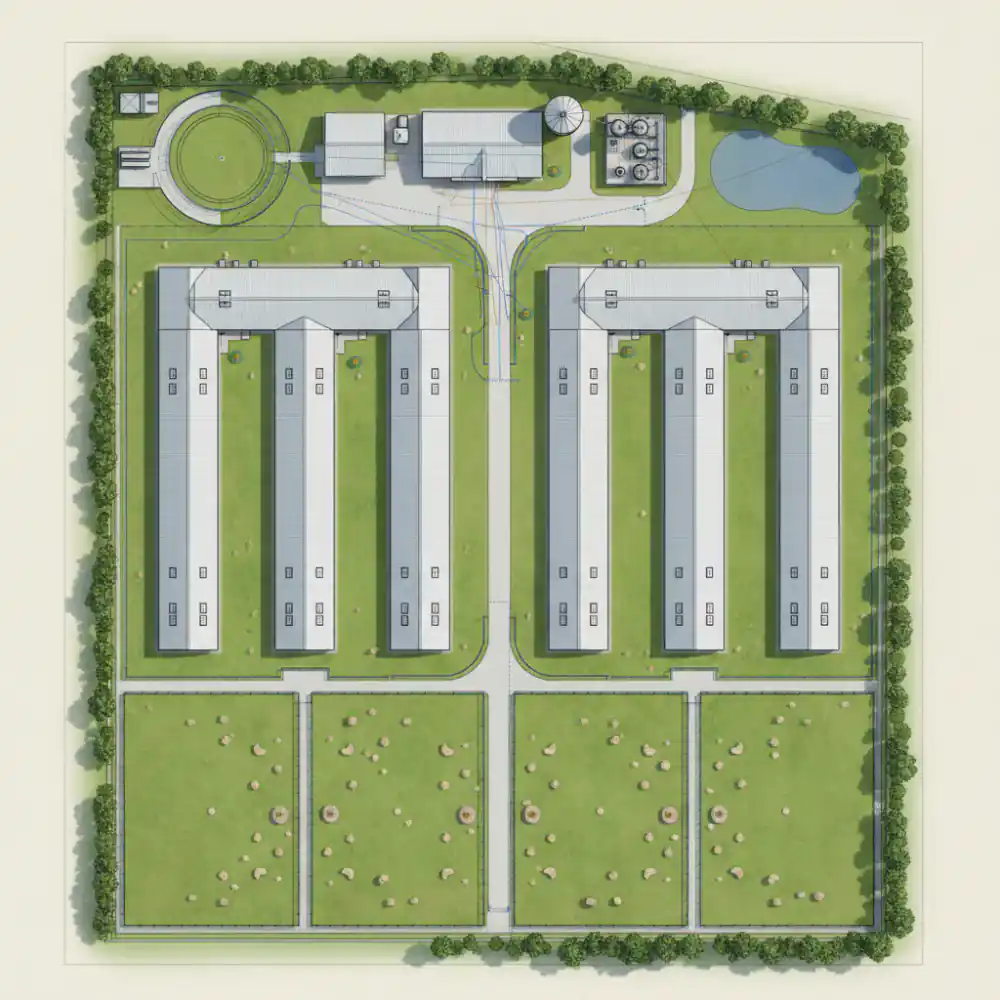 Detailed schematic of a multi-house poultry farm layout