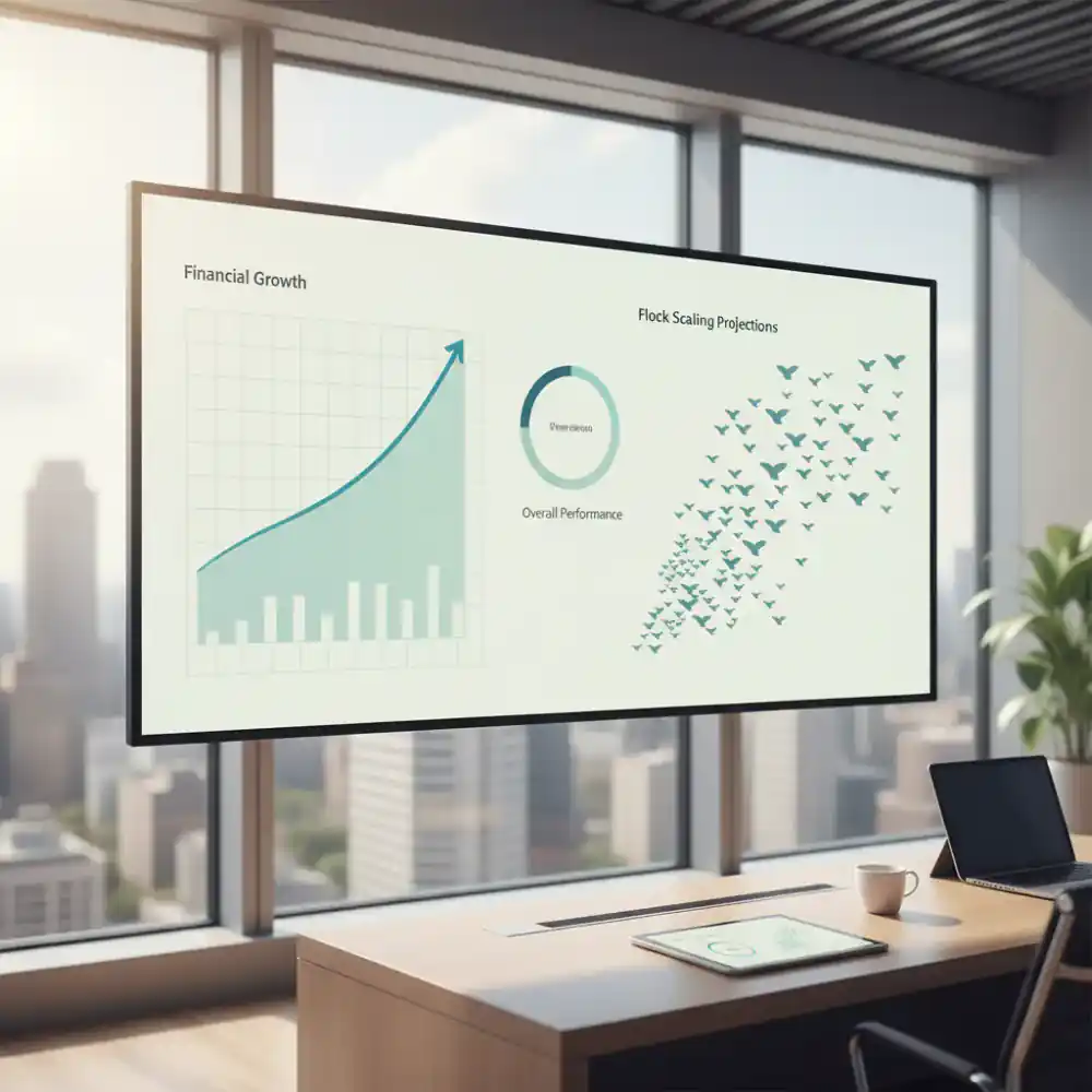 Dashboard style visual showing financial growth and flock scaling projections
